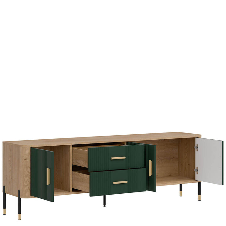 Фото вигляду зліва наповнення тумби під телевізор DANTE LIVEO DT02 дуб кремона торро / зелений / золоті ручки