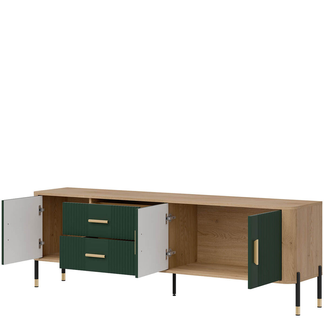 Фото вигляду справа наповнення тумби під телевізор DANTE LIVEO DT02 дуб кремона торро / зелений / золоті ручки