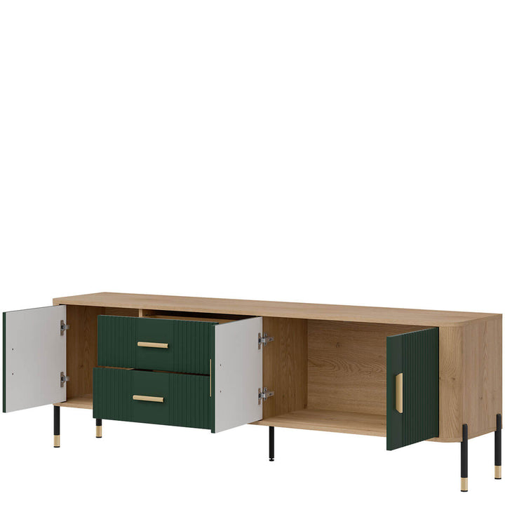 Фото вигляду справа наповнення тумби під телевізор DANTE LIVEO DT02 дуб кремона торро / зелений / золоті ручки