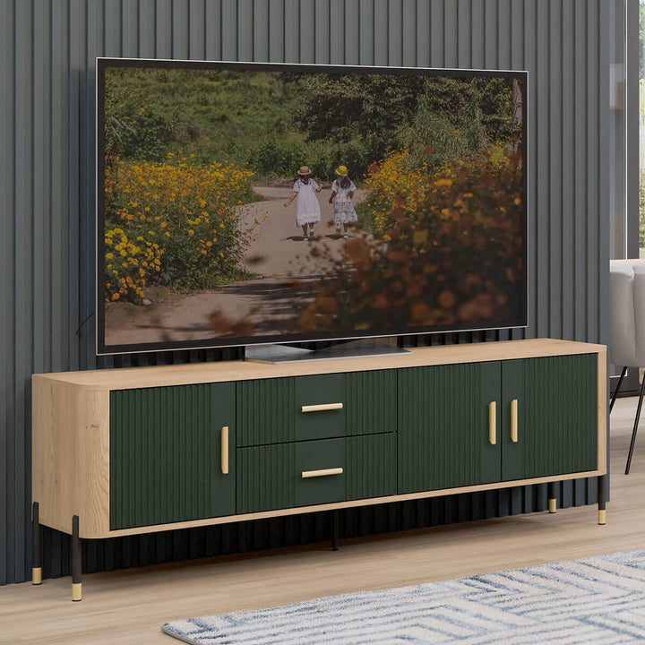 Фото  тумби під телевізор DANTE LIVEO DT02 дуб кремона торро / зелений / золоті ручки в інтер'єрі 