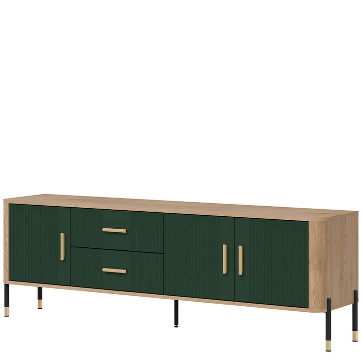 Фото вигляду справа тумби під телевізор DANTE LIVEO DT02 дуб кремона торро / зелений / золоті ручки