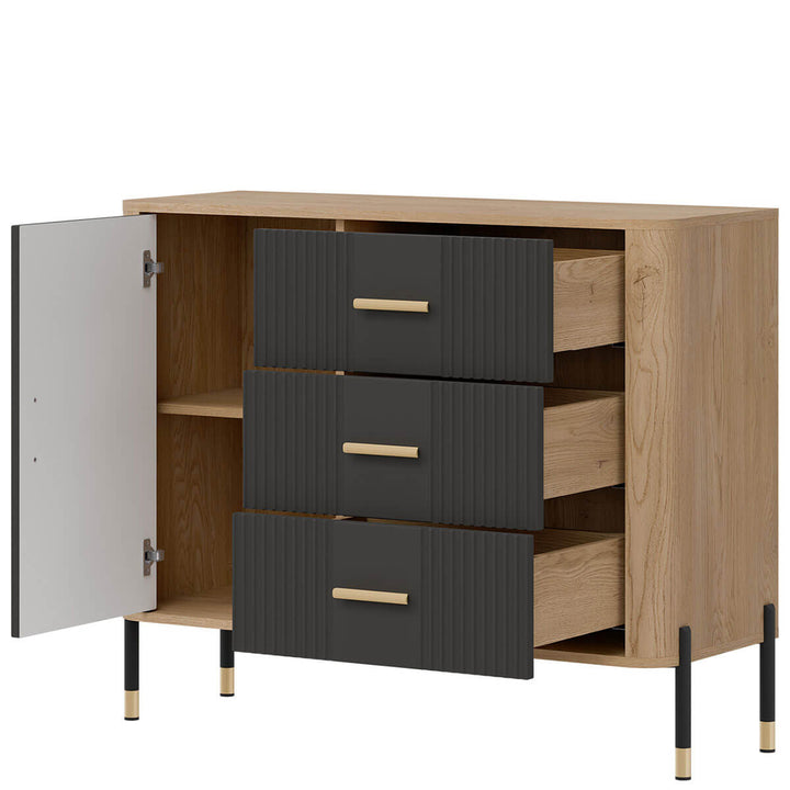 Фото вигляду справа наповнення комода DANTE LIVEO DT03 дуб кремона торро / антрацит / золоті ручки