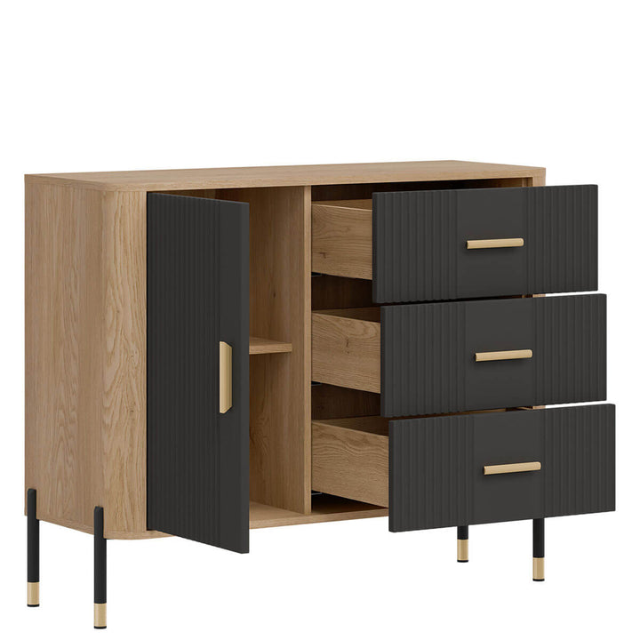 Фото вигляду зліва наповнення комода DANTE LIVEO DT03 дуб кремона торро / антрацит / золоті ручки