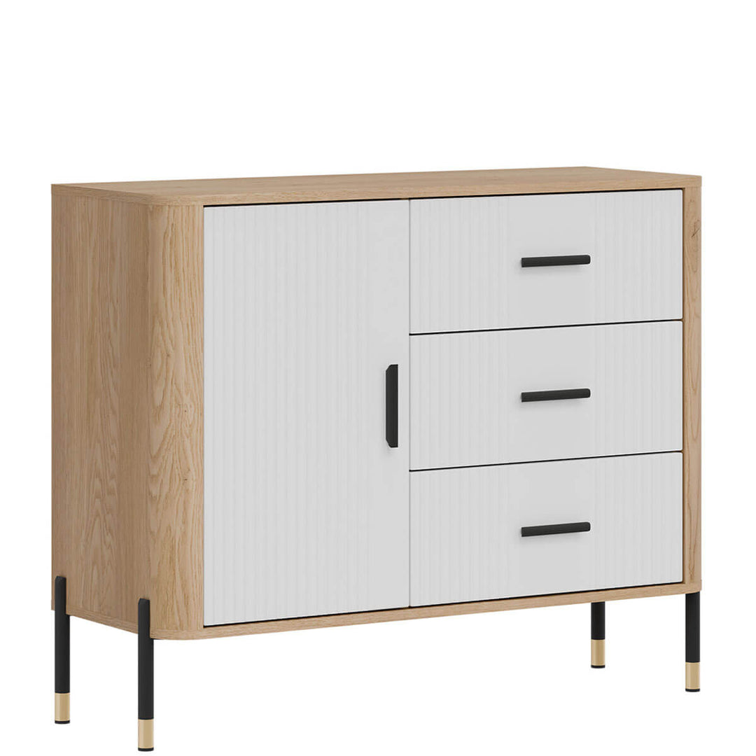Фото вигляду зліва комода DANTE LIVEO DT03 дуб кремона торро / білий / чорні ручки