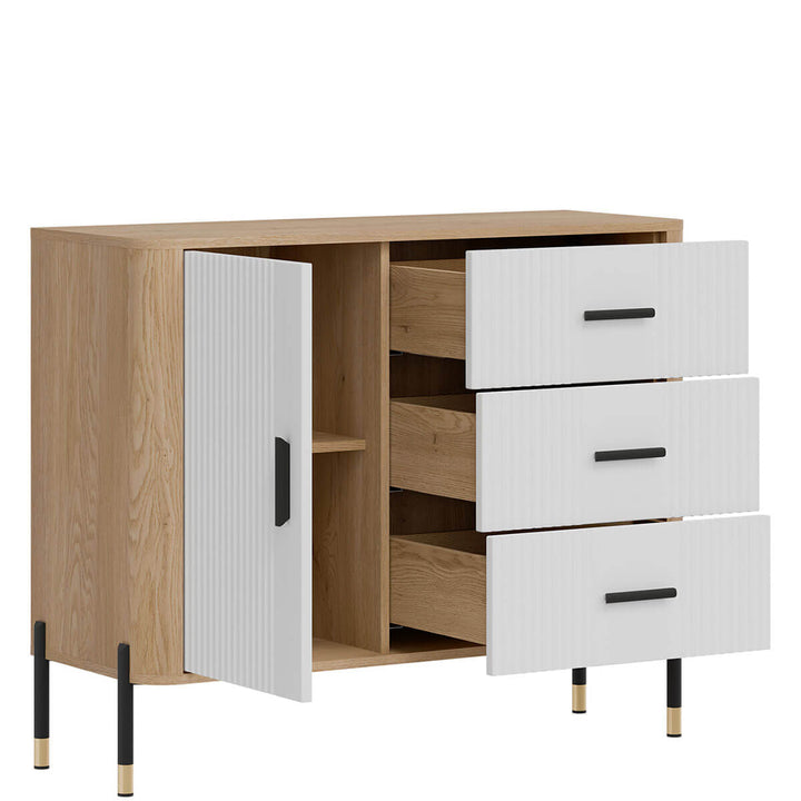 Фото вигляду зліва наповнення комода DANTE LIVEO DT03 дуб кремона торро / білий / чорні ручки