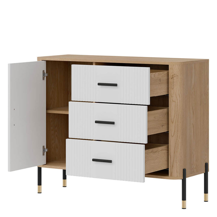 Фото вигляду справа наповнення комода DANTE LIVEO DT03 дуб кремона торро / білий / чорні ручки