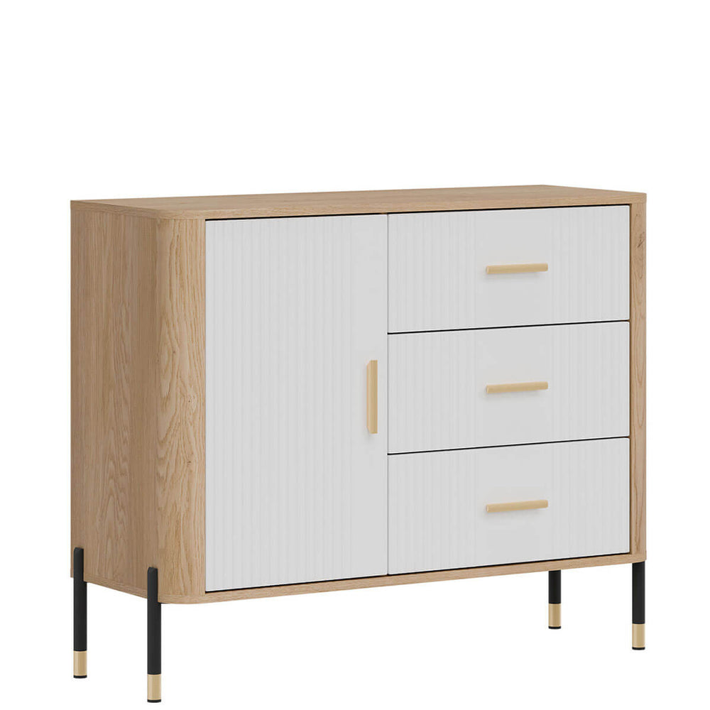 Фото вигляду зліва комода DANTE LIVEO DT03 дуб кремона торро / білий / золоті ручки