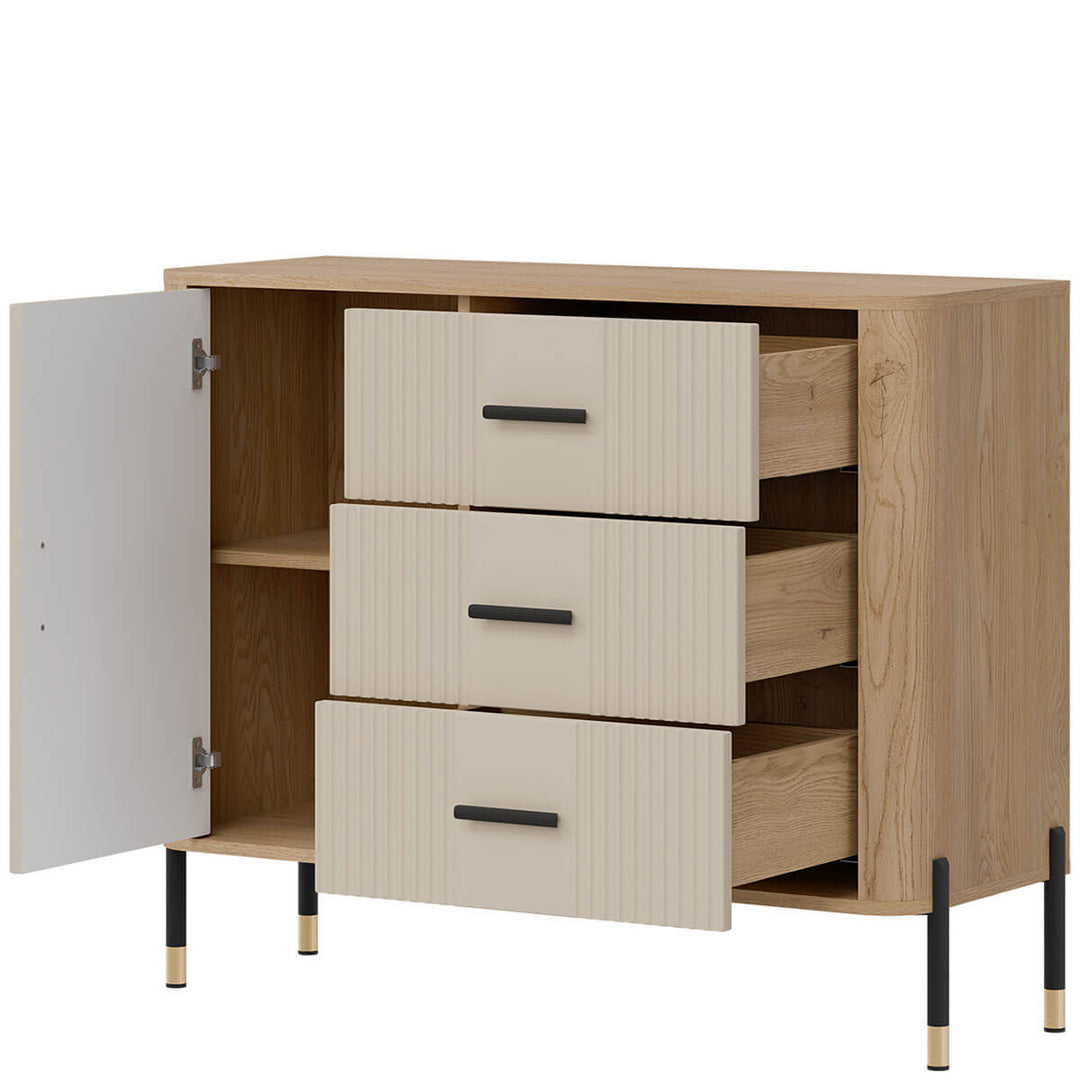 Фото вигляду справа наповнення комода DANTE LIVEO DT03 дуб кремона торро / кашемір / чорні ручки