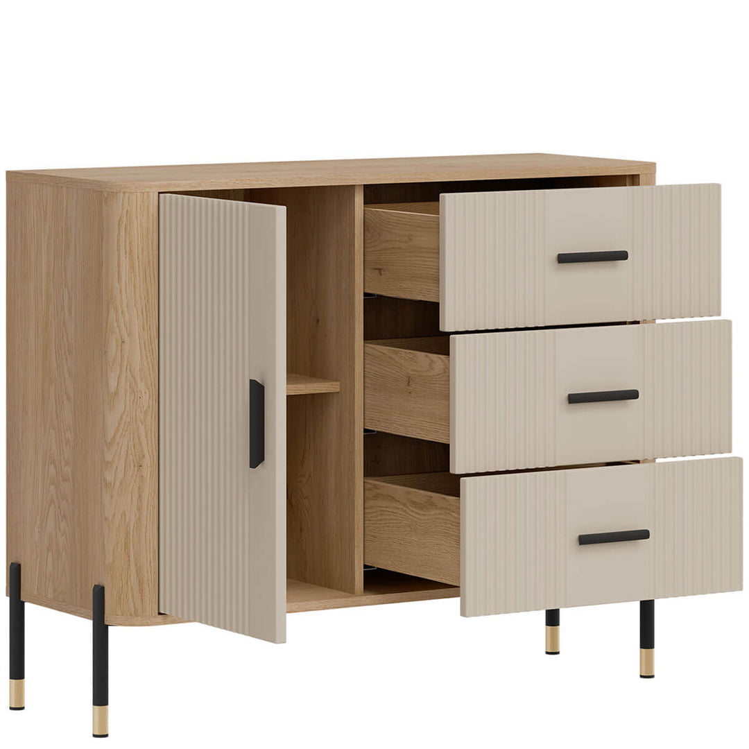 Фото вигляду зліва наповнення комода DANTE LIVEO DT03 дуб кремона торро / кашемір / чорні ручки