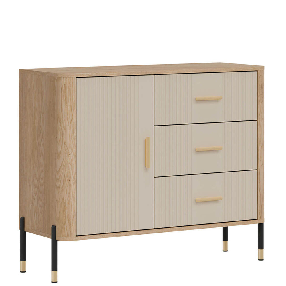 Фото вигляду зліва комода DANTE LIVEO DT03 дуб кремона торро / кашемір / золоті ручки