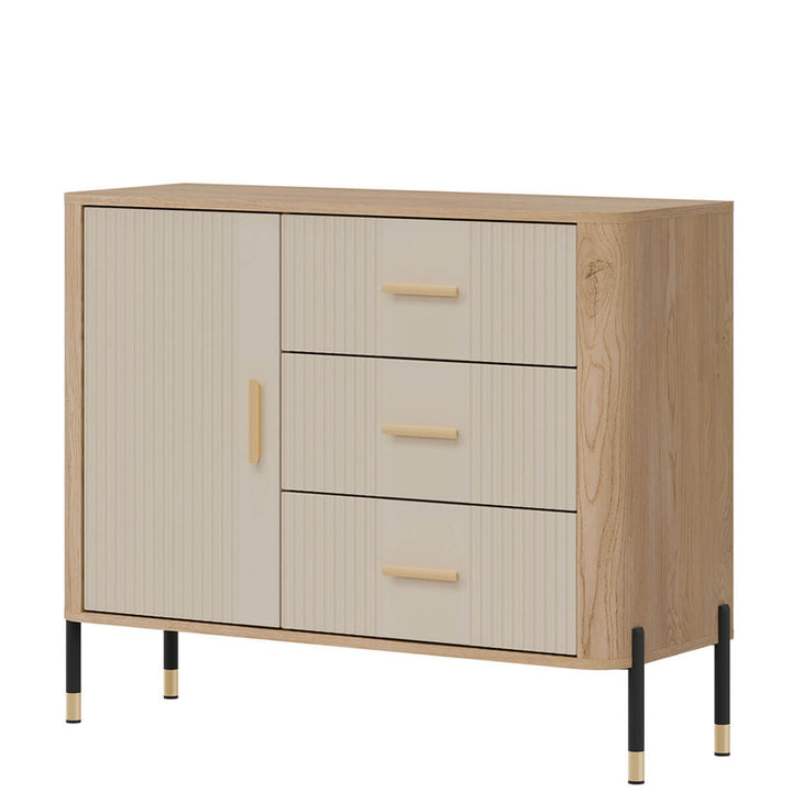 Фото вигляду справа комода DANTE LIVEO DT03 дуб кремона торро / кашемір / золоті ручки