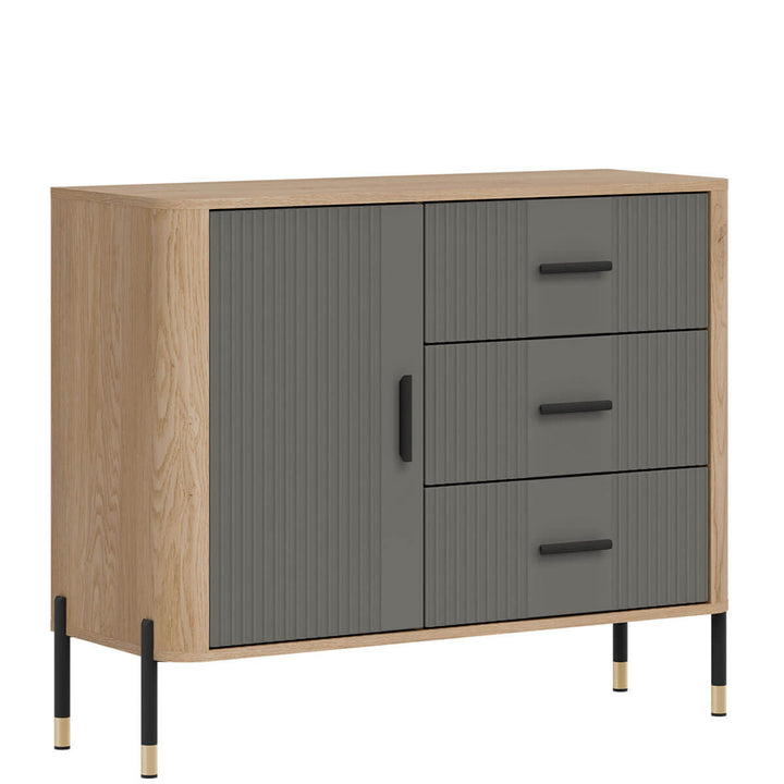 Фото вигляду зліва комода DANTE LIVEO DT03 дуб кремона торро / сірий / чорні ручки