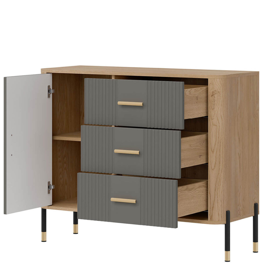 Фото вигляду справа наповнення комода DANTE LIVEO DT03 дуб кремона торро / сірий / золоті ручки