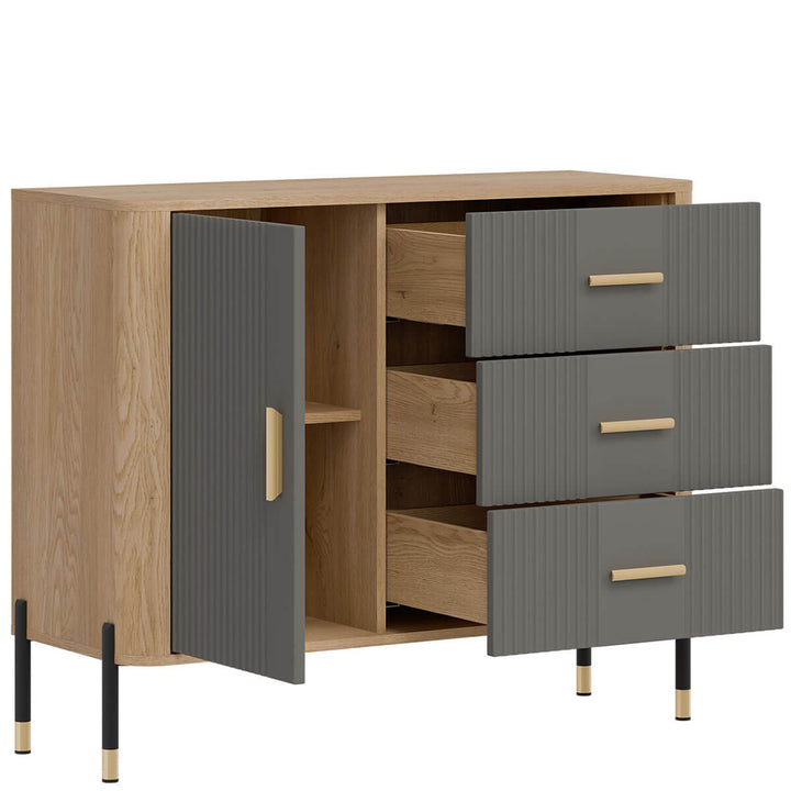 Фото вигляду зліва наповнення комода DANTE LIVEO DT03 дуб кремона торро / сірий / золоті ручки