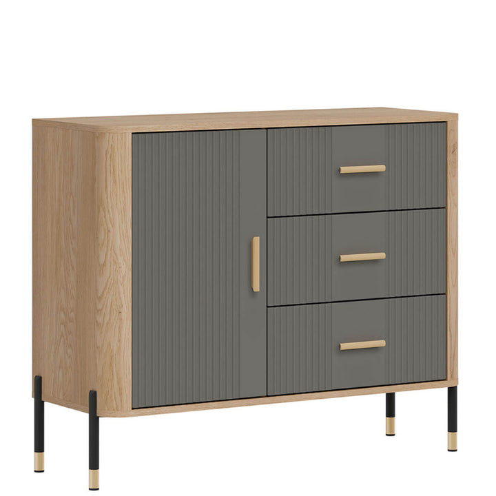 Фото вигляду зліва комода DANTE LIVEO DT03 дуб кремона торро / сірий / золоті ручки