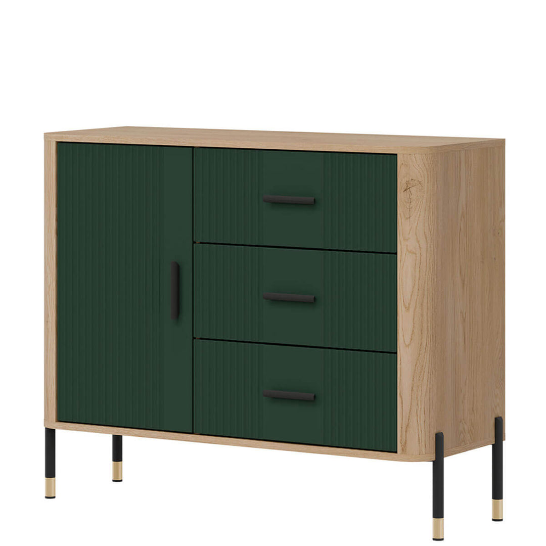 Фото вигляду справа комода DANTE LIVEO DT03 дуб кремона торро / зелений / чорні ручки