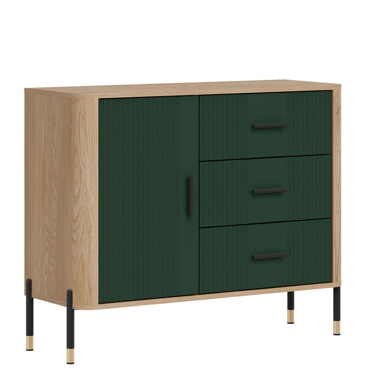 Фото вигляду зліва комода DANTE LIVEO DT03 дуб кремона торро / зелений / чорні ручки