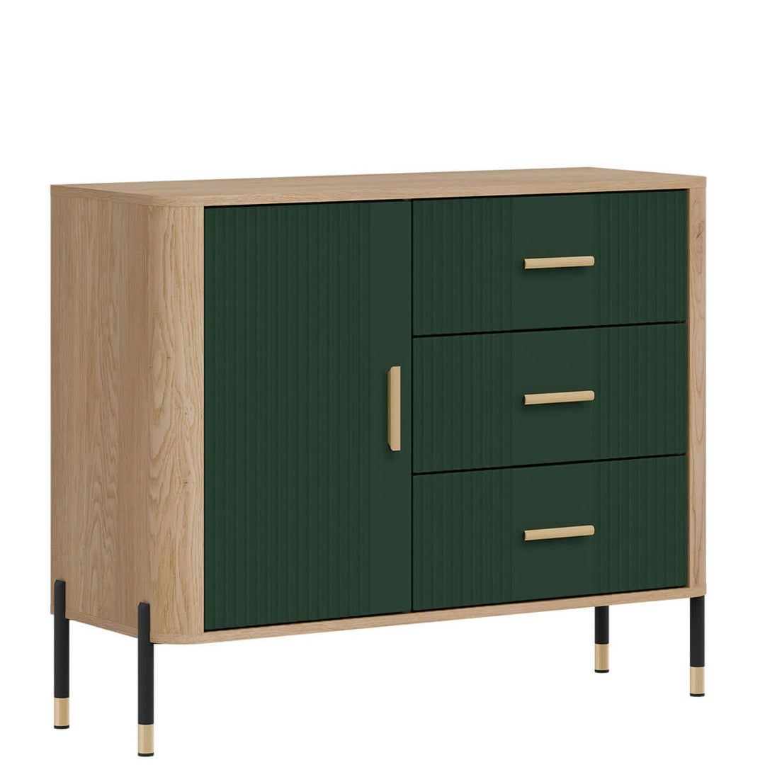 Фото вигляду зліва комода DANTE LIVEO DT03 дуб кремона торро / зелений / золоті ручки