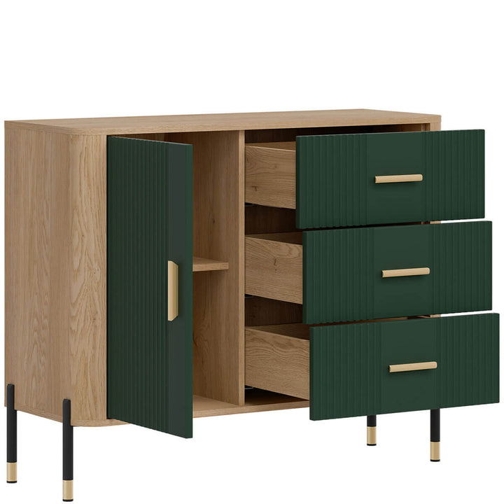 Фото вигляду зліва наповнення комода DANTE LIVEO DT03 дуб кремона торро / зелений / золоті ручки