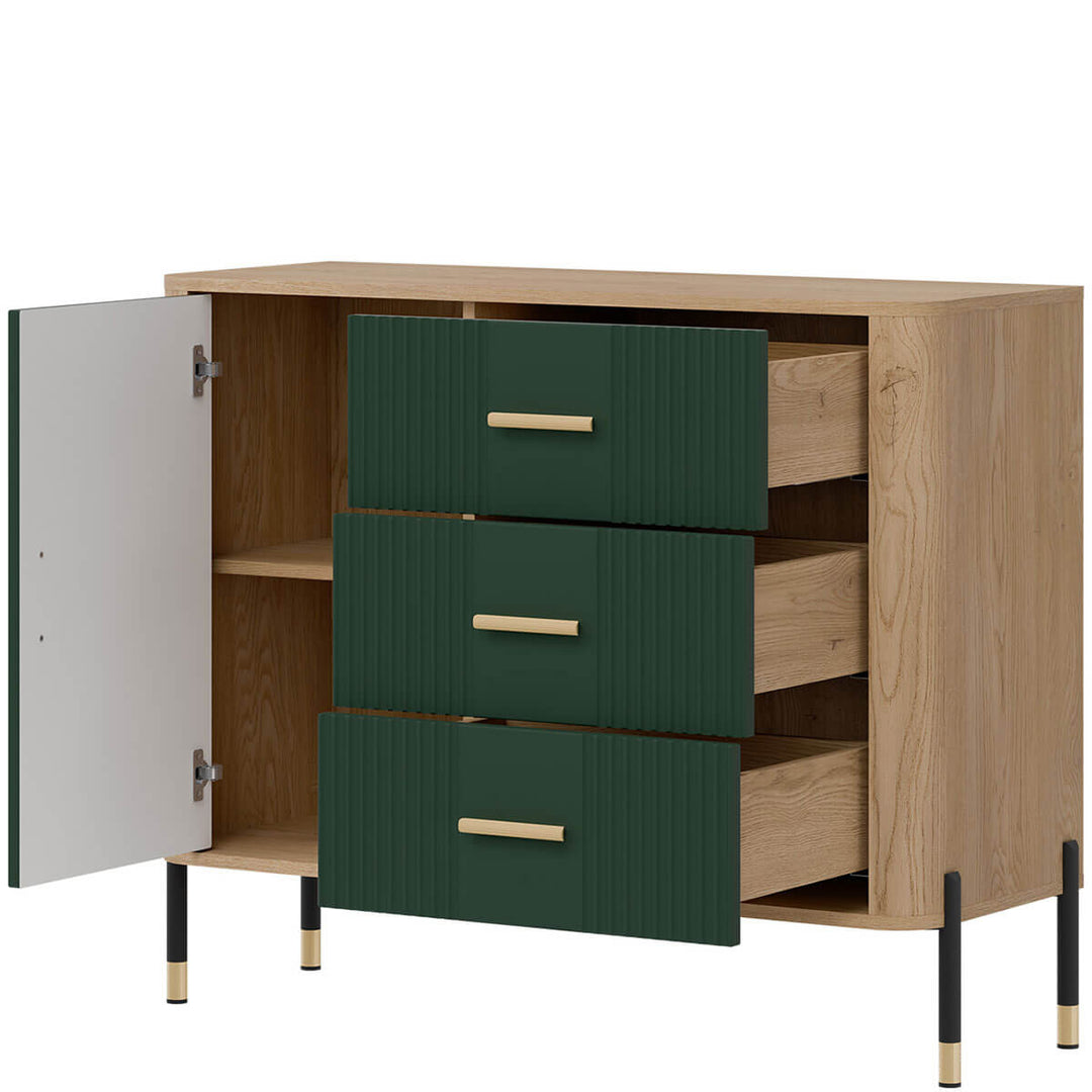 Фото вигляду справа наповнення комода DANTE LIVEO DT03 дуб кремона торро / зелений / золоті ручки