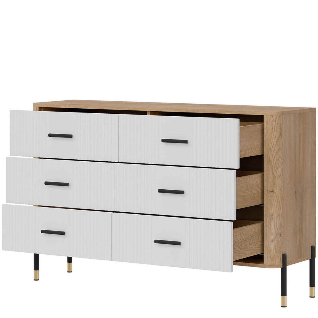 Фото вигляду справа наповнення комода DANTE LIVEO DT04 дуб кремона торро / білий / чорні ручки