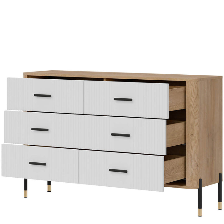 Фото вигляду справа наповнення комода DANTE LIVEO DT04 дуб кремона торро / білий / чорні ручки