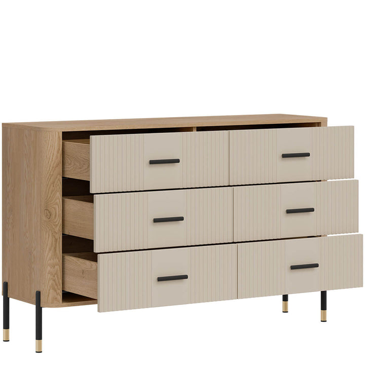 Фото вигляду зліва наповнення комода DANTE LIVEO DT04 дуб кремона торро / кашемір / чорні ручки