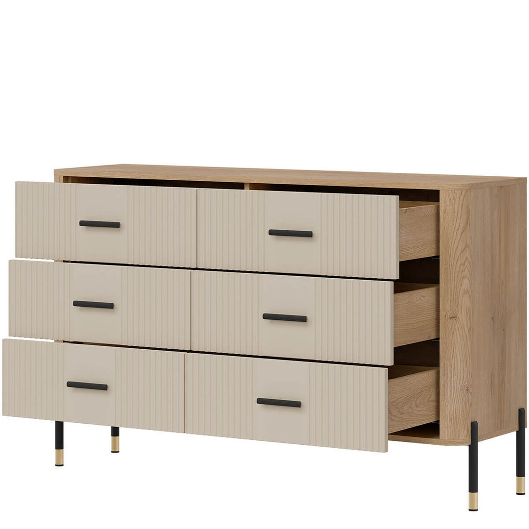 Фото вигляду справа наповнення комода DANTE LIVEO DT04 дуб кремона торро / кашемір / чорні ручки