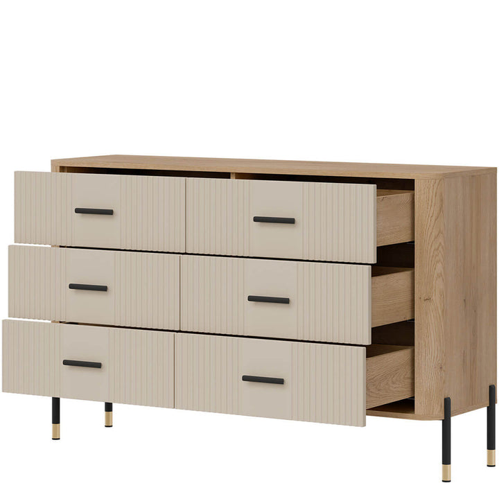 Фото вигляду справа наповнення комода DANTE LIVEO DT04 дуб кремона торро / кашемір / чорні ручки