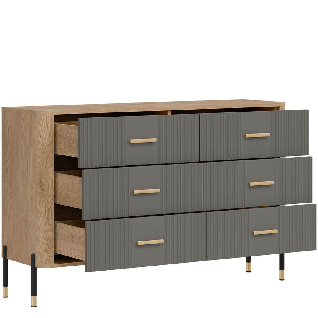 Фото вигляду зліва наповнення комода DANTE LIVEO DT04 дуб кремона торро / сірий / золоті ручки