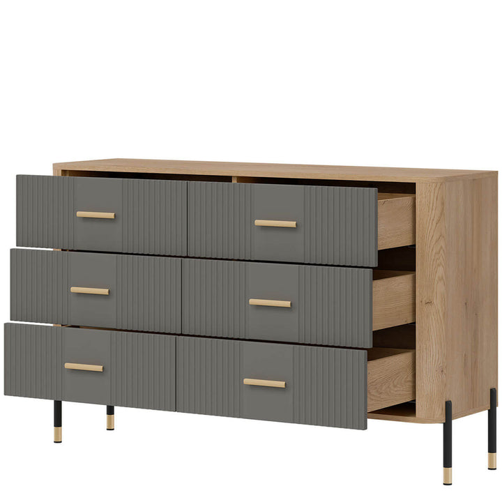 Фото вигляду справа наповнення комода DANTE LIVEO DT04 дуб кремона торро / сірий / золоті ручки