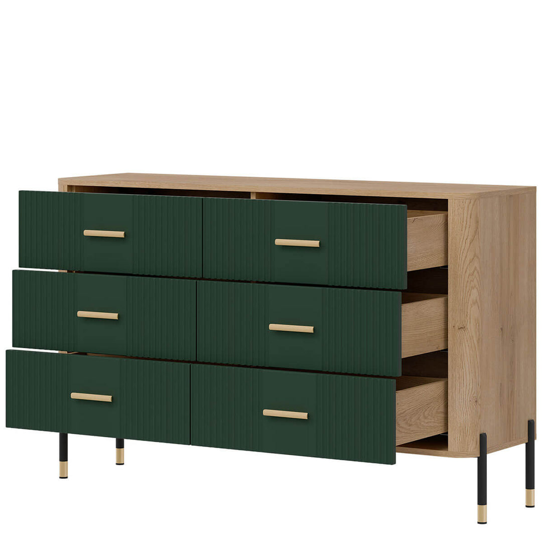 Фото вигляду справа наповнення комода DANTE LIVEO DT04 дуб кремона торро / зелений / золоті ручки