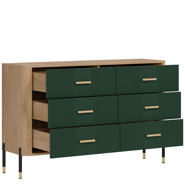 Фото вигляду зліва наповнення комода DANTE LIVEO DT04 дуб кремона торро / зелений / золоті ручки