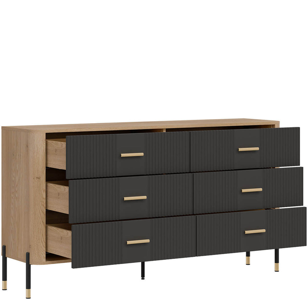 Фото вигляду зліва наповнення комода DANTE LIVEO DT05 дуб кремона торро / антрацит / золоті ручки