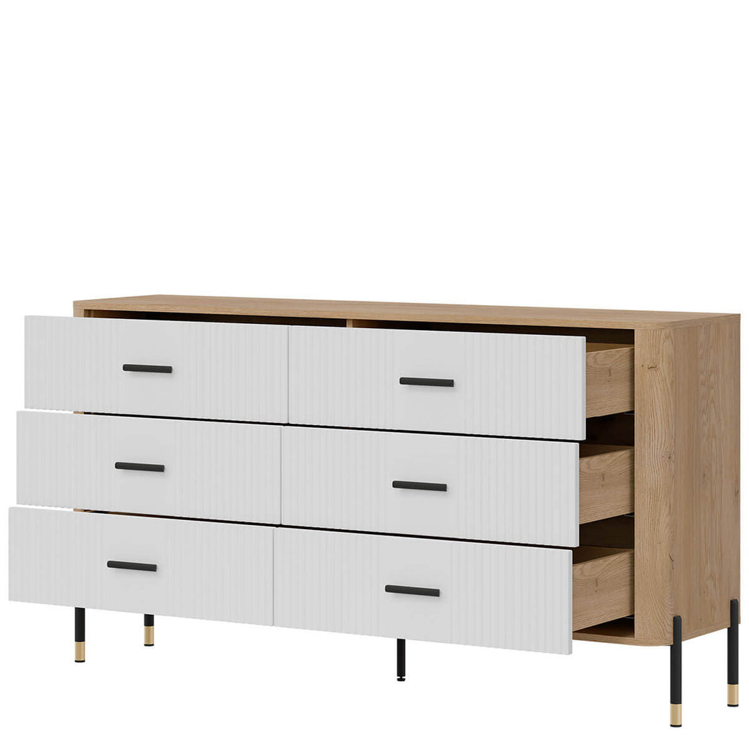 Фото вигляду справа наповнення комода DANTE LIVEO DT05 дуб кремона торро / білий / чорні ручки