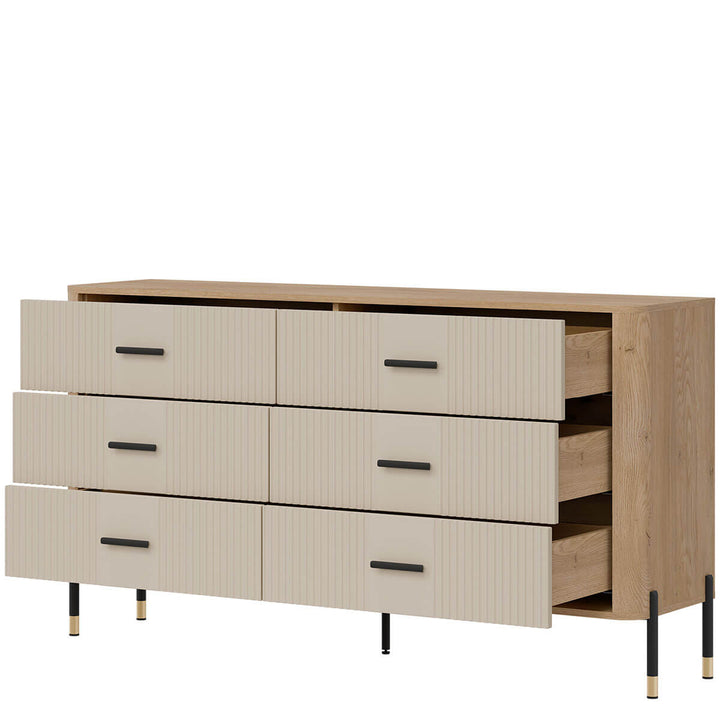 Фото вигляду справа наповнення комода DANTE LIVEO DT05 дуб кремона торро / кашемір / чорні ручки