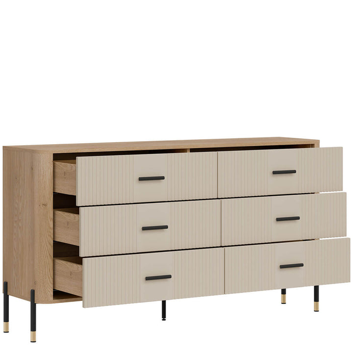 Фото вигляду зліва наповнення комода DANTE LIVEO DT05 дуб кремона торро / кашемір / чорні ручки