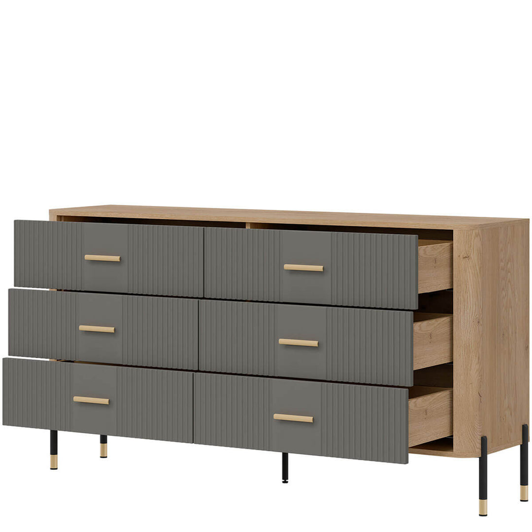 Фото вигляду справа наповнення комода DANTE LIVEO DT05 дуб кремона торро / сірий / золоті ручки