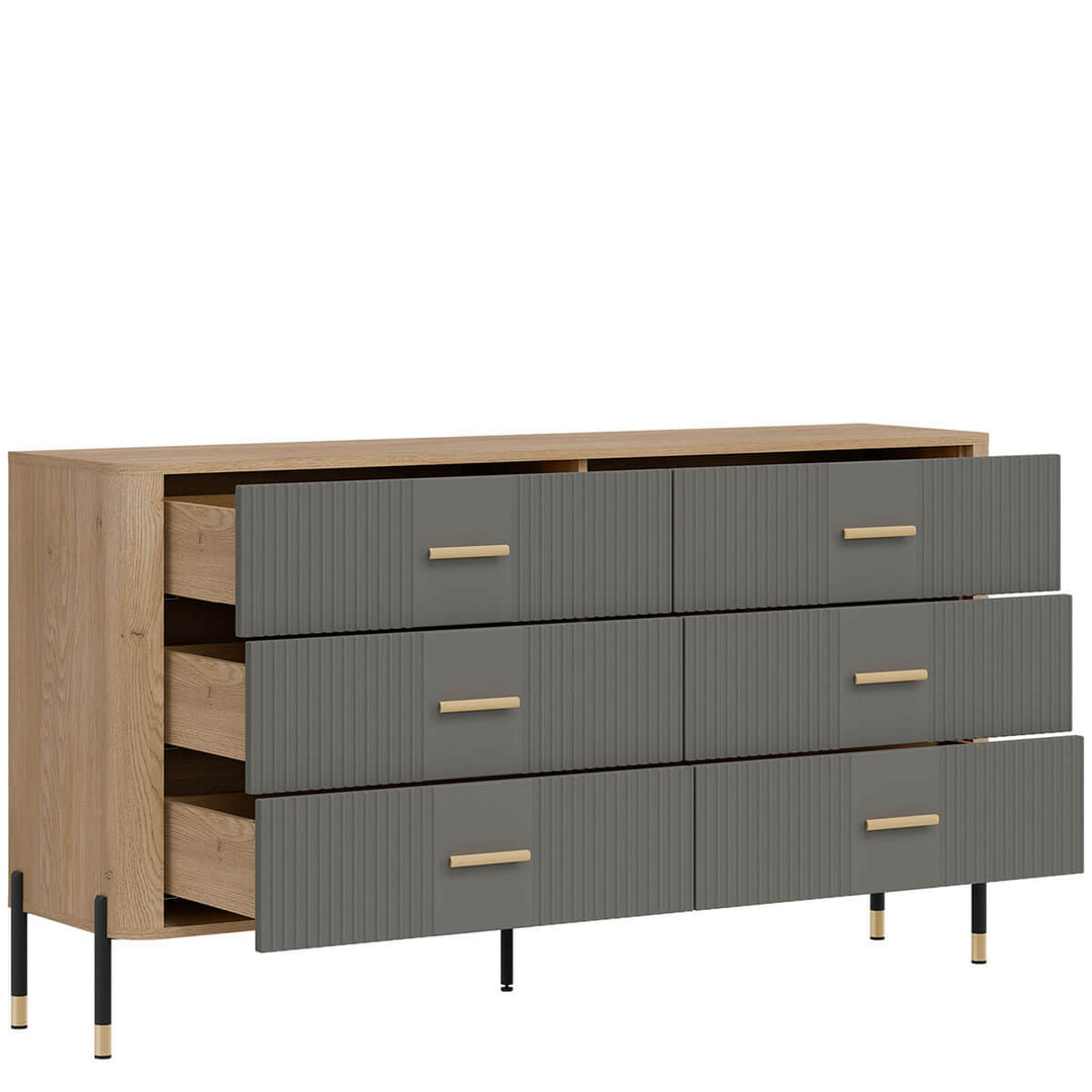 Фото вигляду зліва наповнення комода DANTE LIVEO DT05 дуб кремона торро / сірий / золоті ручки