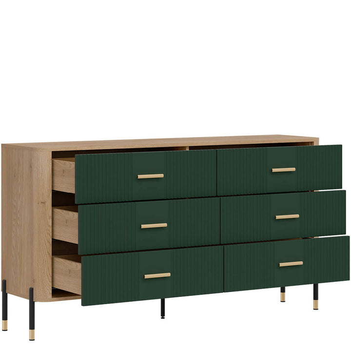Фото вигляду зліва наповнення комода DANTE LIVEO DT05 дуб кремона торро / зелений / золоті ручки