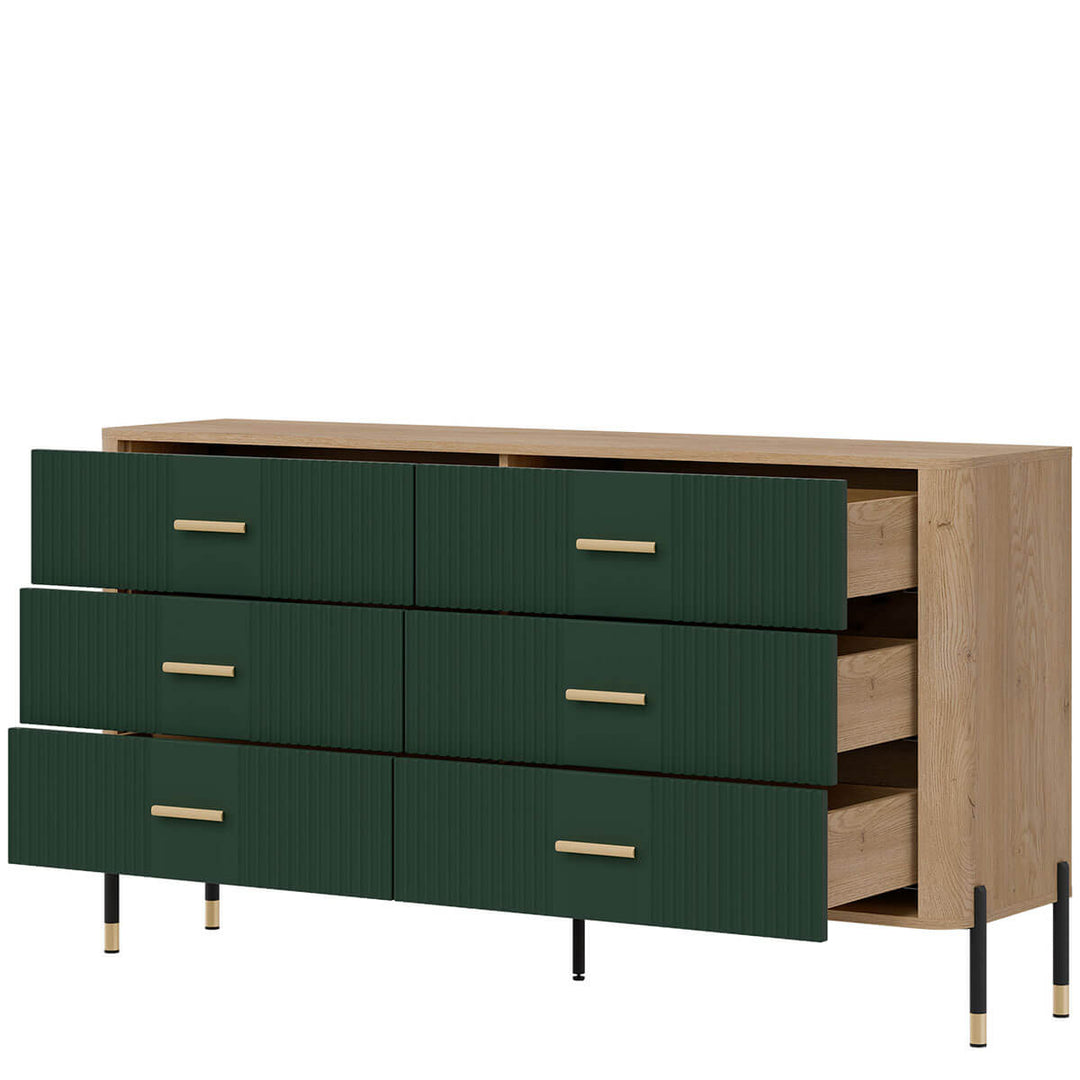 Фото вигляду справа наповнення комода DANTE LIVEO DT05 дуб кремона торро / зелений / золоті ручки