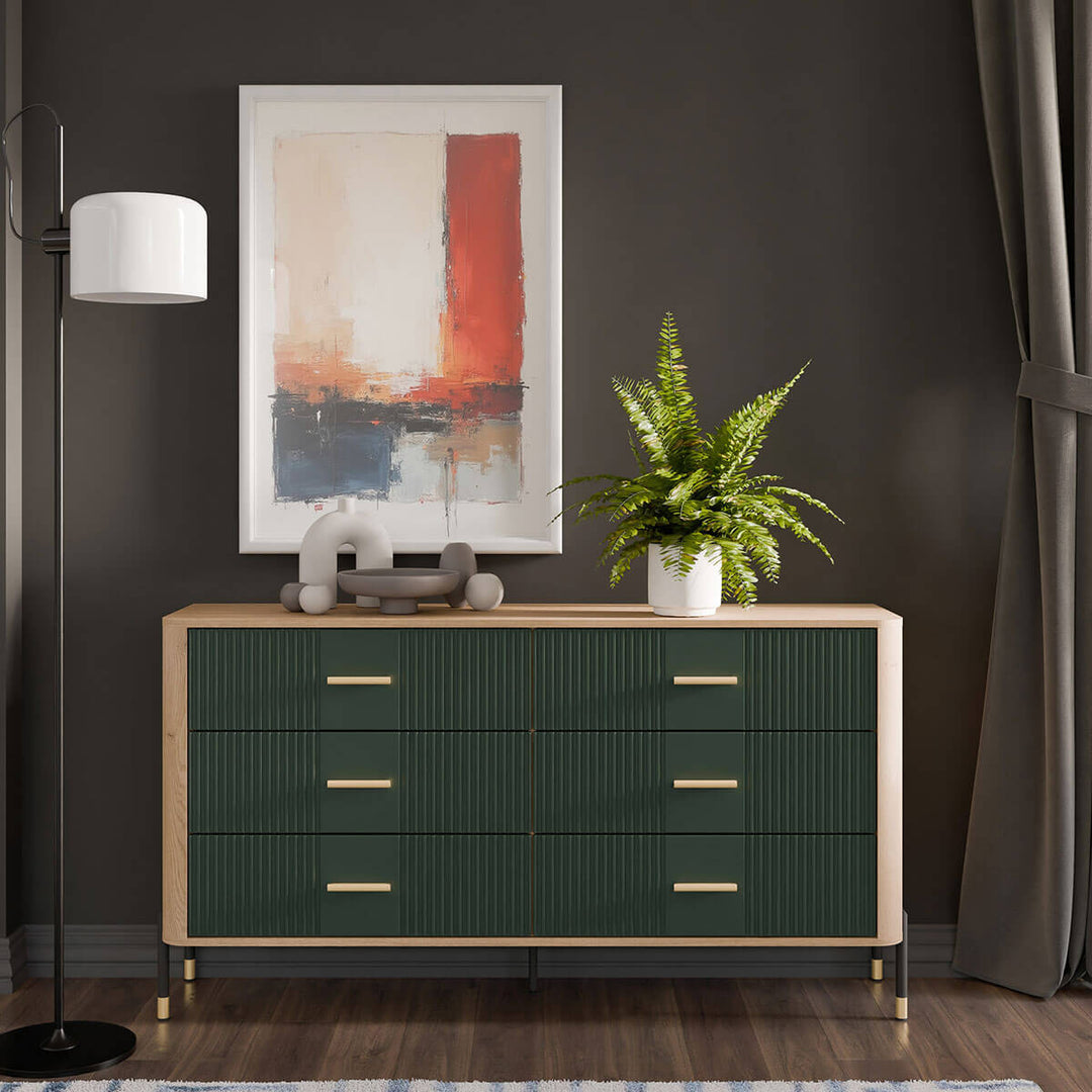 Фото комода DANTE LIVEO DT05 дуб кремона торро / зелений / золоті ручки в інтер'єрі