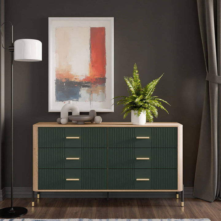 Фото комода DANTE LIVEO DT05 дуб кремона торро / зелений / золоті ручки в інтер'єрі