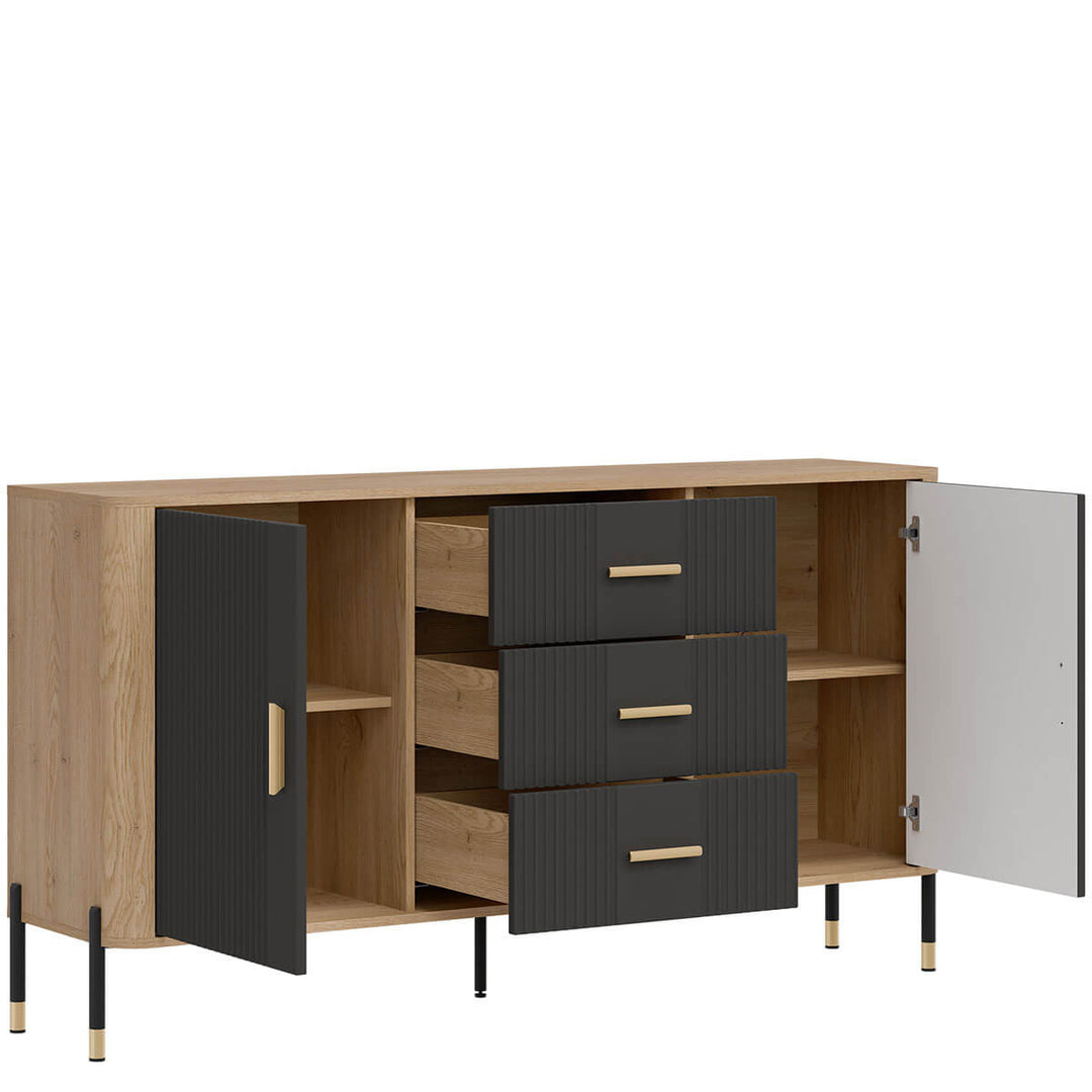 Фото вигляду зліва наповнення комода DANTE LIVEO DT06 дуб кремона торро / антрацит / золоті ручки