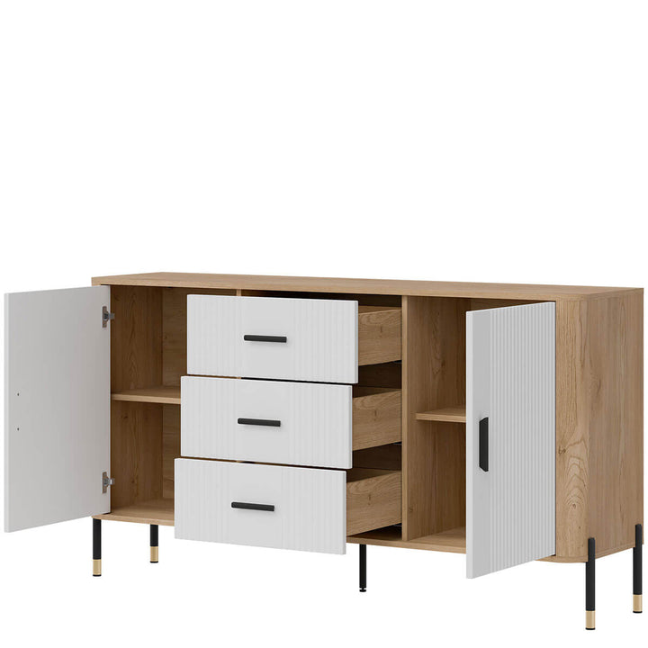 Фото вигляду справа наповнення комода DANTE LIVEO DT06 дуб кремона торро / білий / чорні ручки