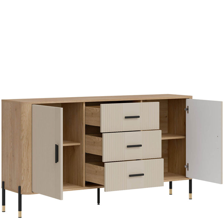 Фото вигляду зліва наповнення комода DANTE LIVEO DT06 дуб кремона торро / кашемір / чорні ручки