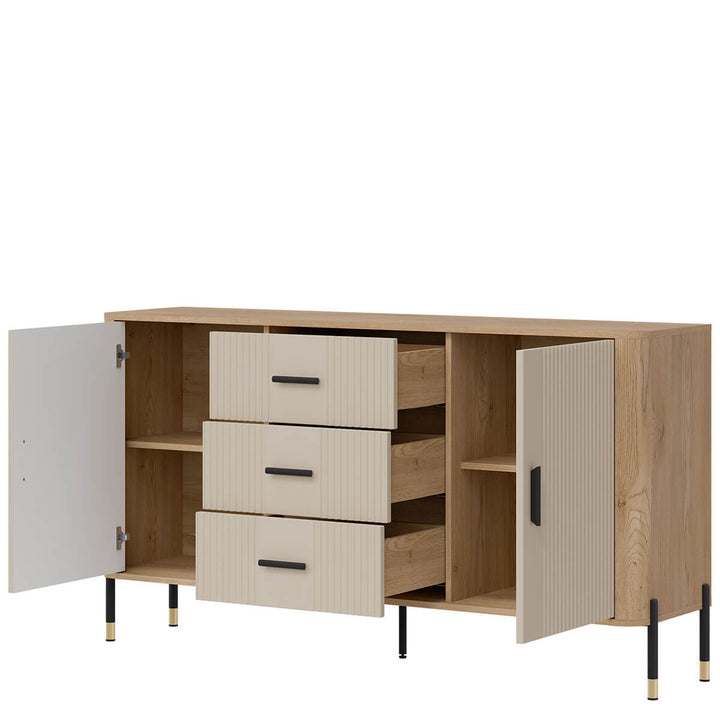 Фото вигляду справа наповнення комода DANTE LIVEO DT06 дуб кремона торро / кашемір / чорні ручки