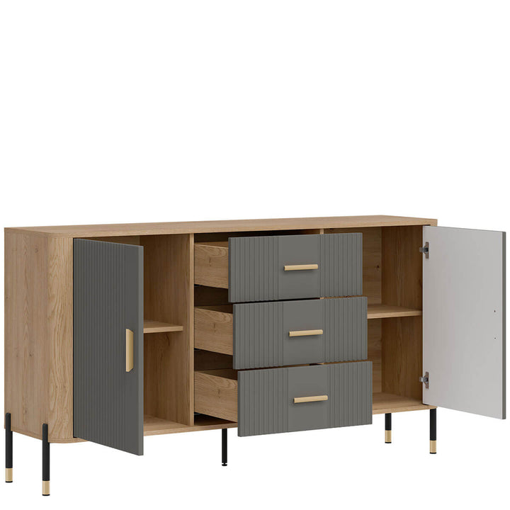 Фото вигляду зліва наповнення комода DANTE LIVEO DT06 дуб кремона торро / сірий / золоті ручки