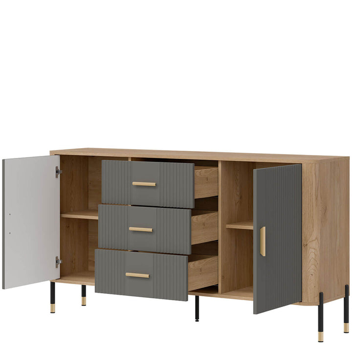 Фото вигляду справа наповнення комода DANTE LIVEO DT06 дуб кремона торро / сірий / золоті ручки