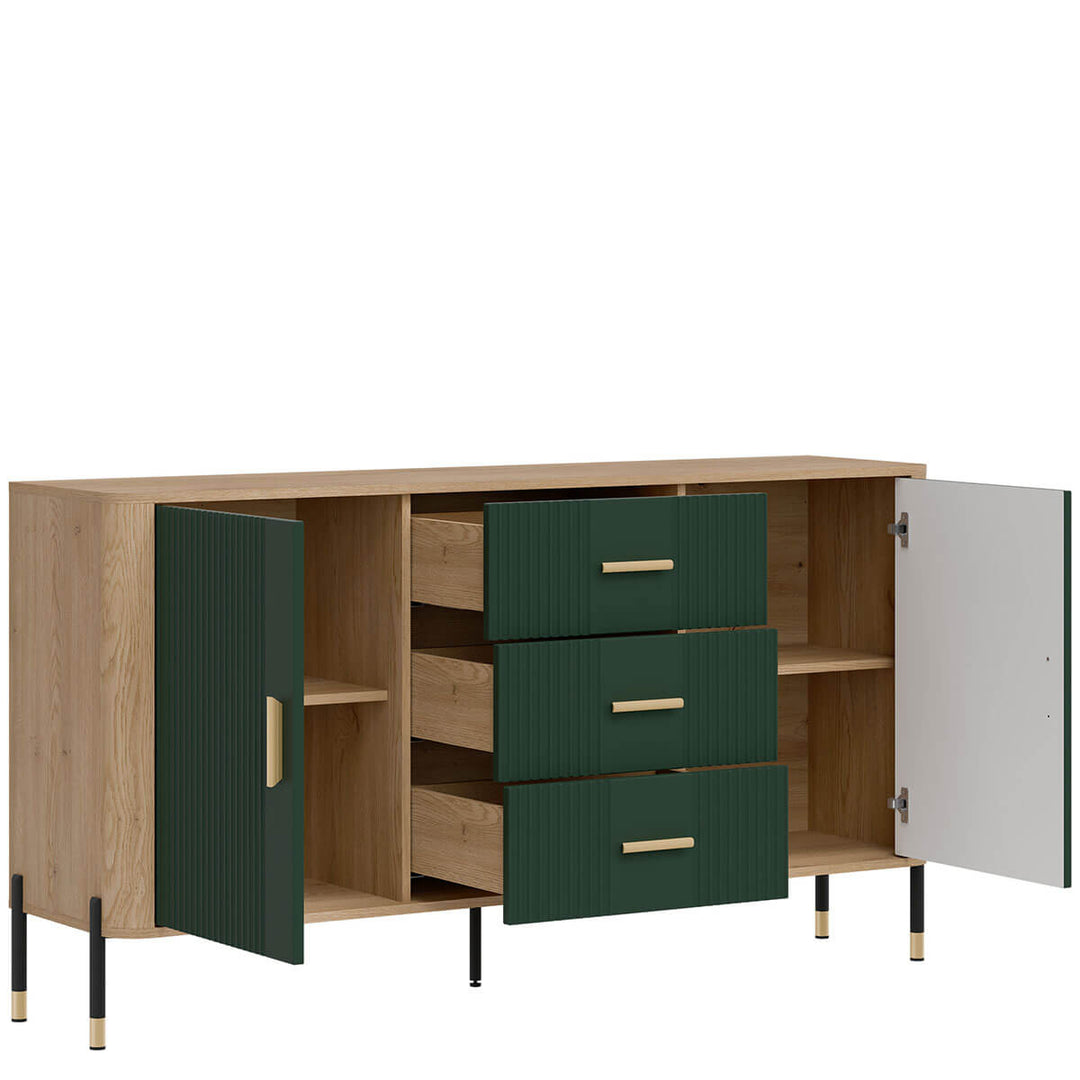 Фото вигляду зліва наповнення комода DANTE LIVEO DT06 дуб кремона торро / зелений / золоті ручки